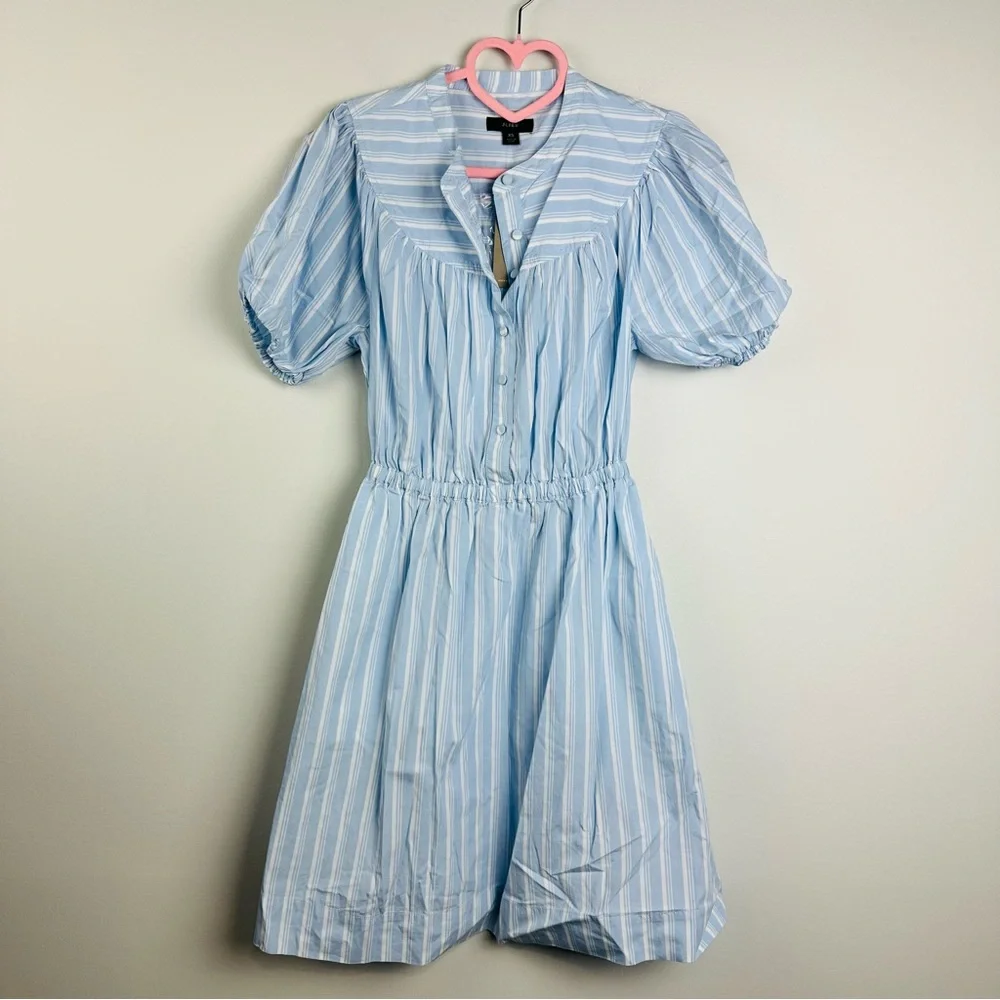 J. Crew NWT Blue and White Smocked Mini Dress with Mandarin Collar - Picture 2 of 11